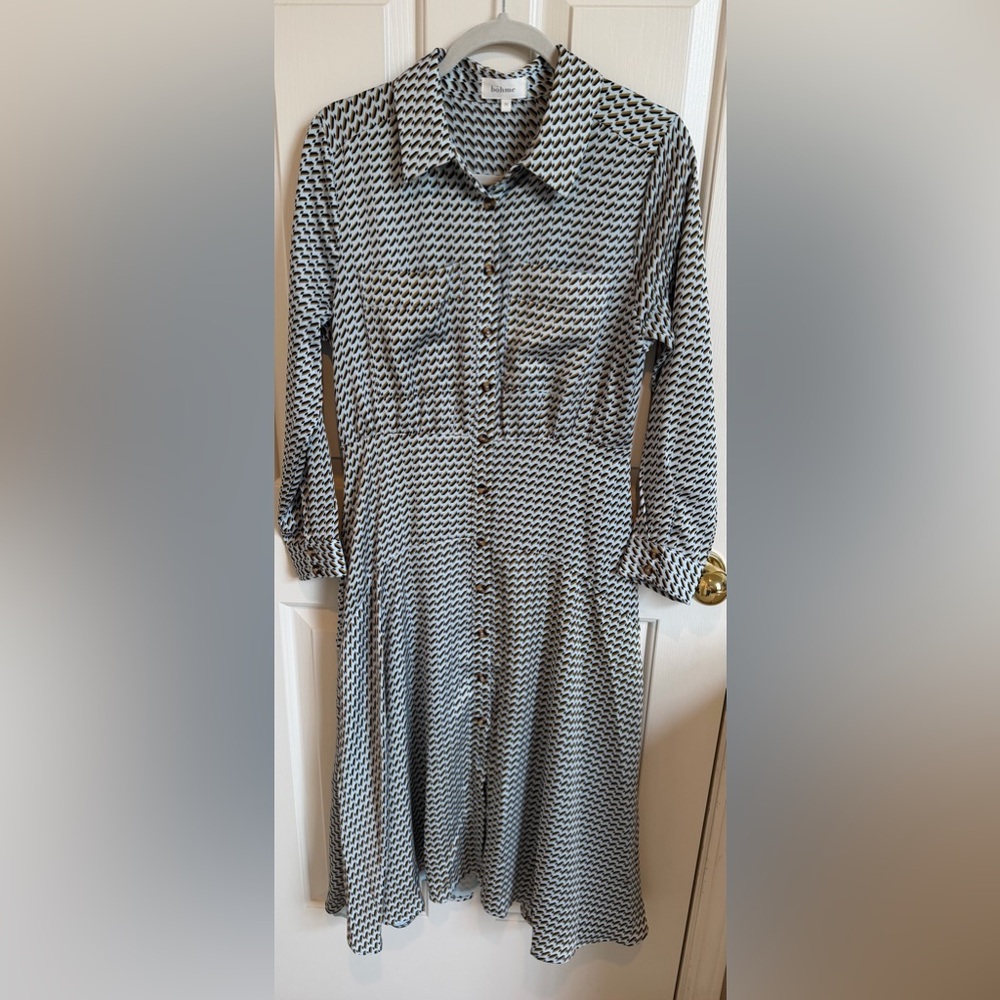 bohme Light Blue/Green Geometric Print Button-Front Shirt Dress. Med. Like New